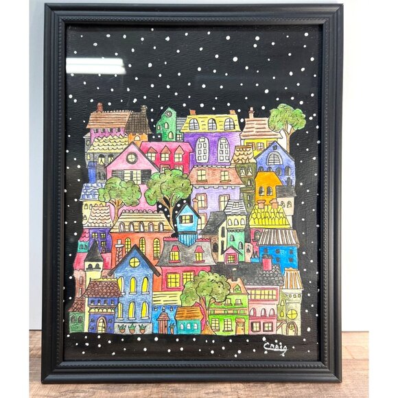 Colorful Hand-Drawn Village Art In Black Frame By Craig - Picture 1 of 3